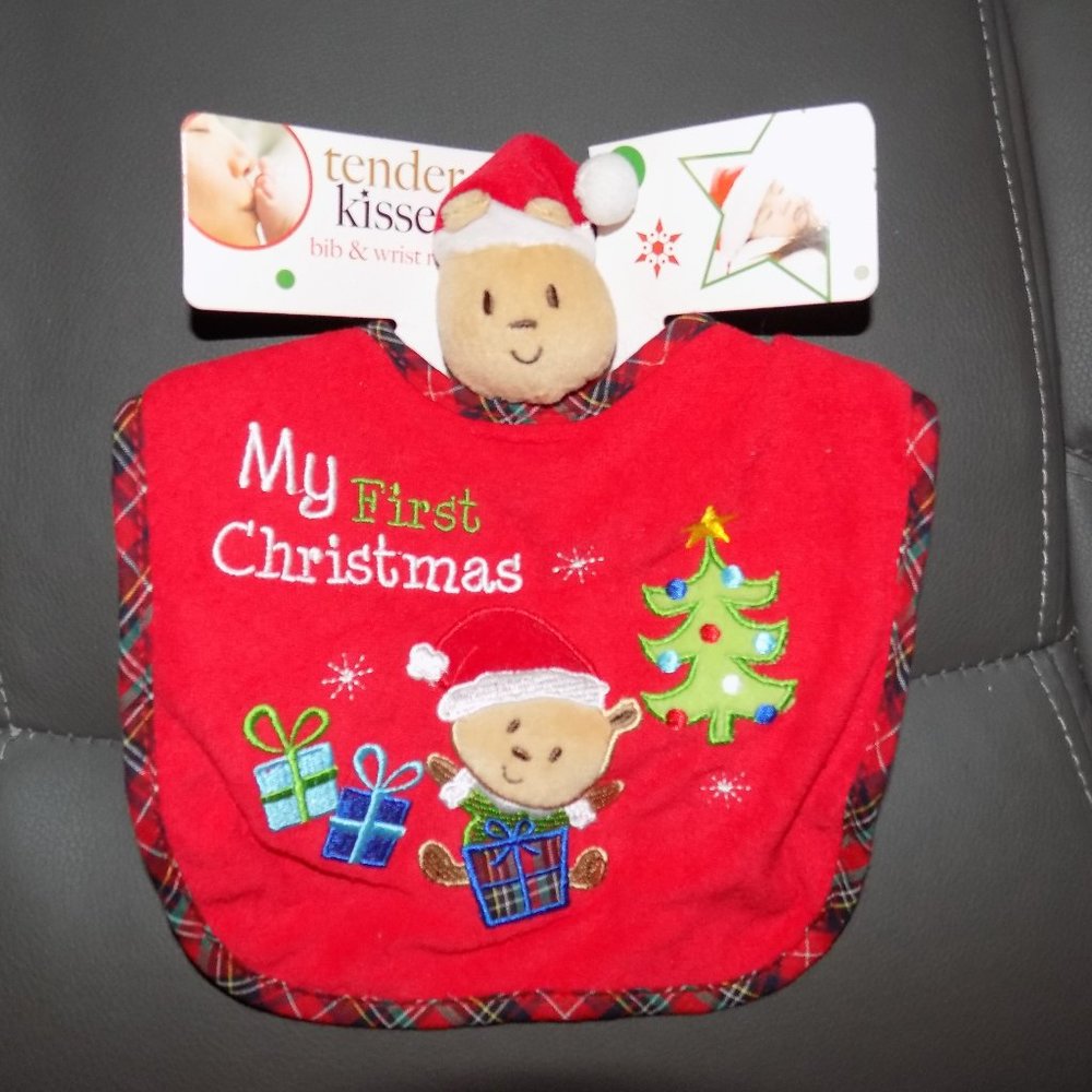 Tender Kisses My First Christmas Bib/Wrist Rattle
